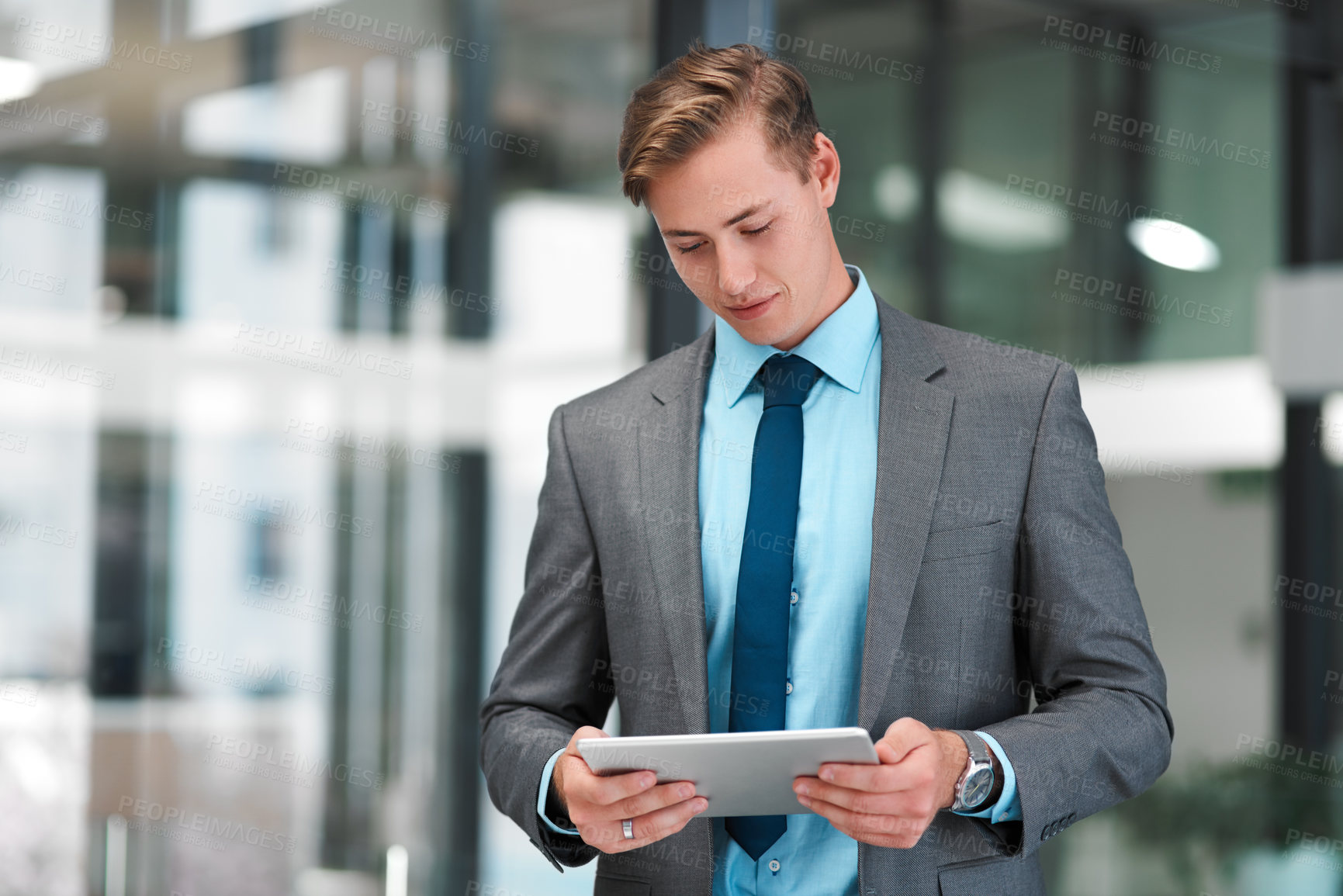 Buy stock photo Businessman, tablet and smile for communication, email and networking in modern office. Trader, technology and stock market company in Chicago for investment, research and reading in workplace