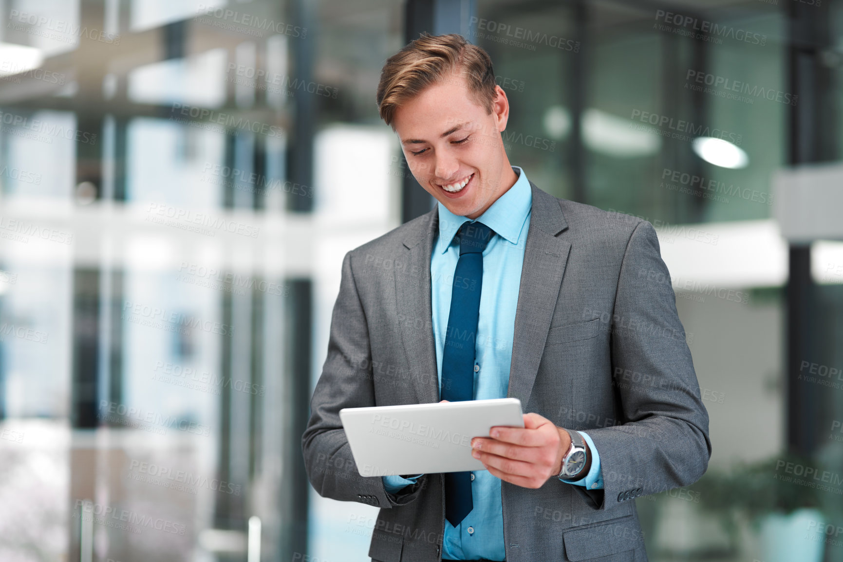 Buy stock photo Businessman, tablet and happy for communication, email and research in modern office. Trader, technology and stock market company in Boston for investment, networking and reading in workplace