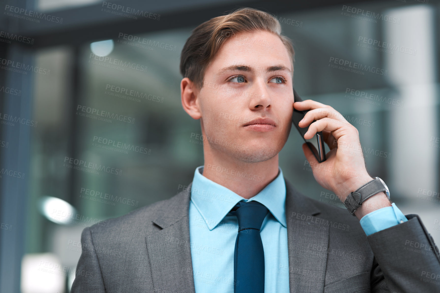 Buy stock photo Business man, phone call and thinking in office for consulting, corporate deal or chat to contact. Face, employee and mobile networking of feedback, conversation and negotiation with smartphone