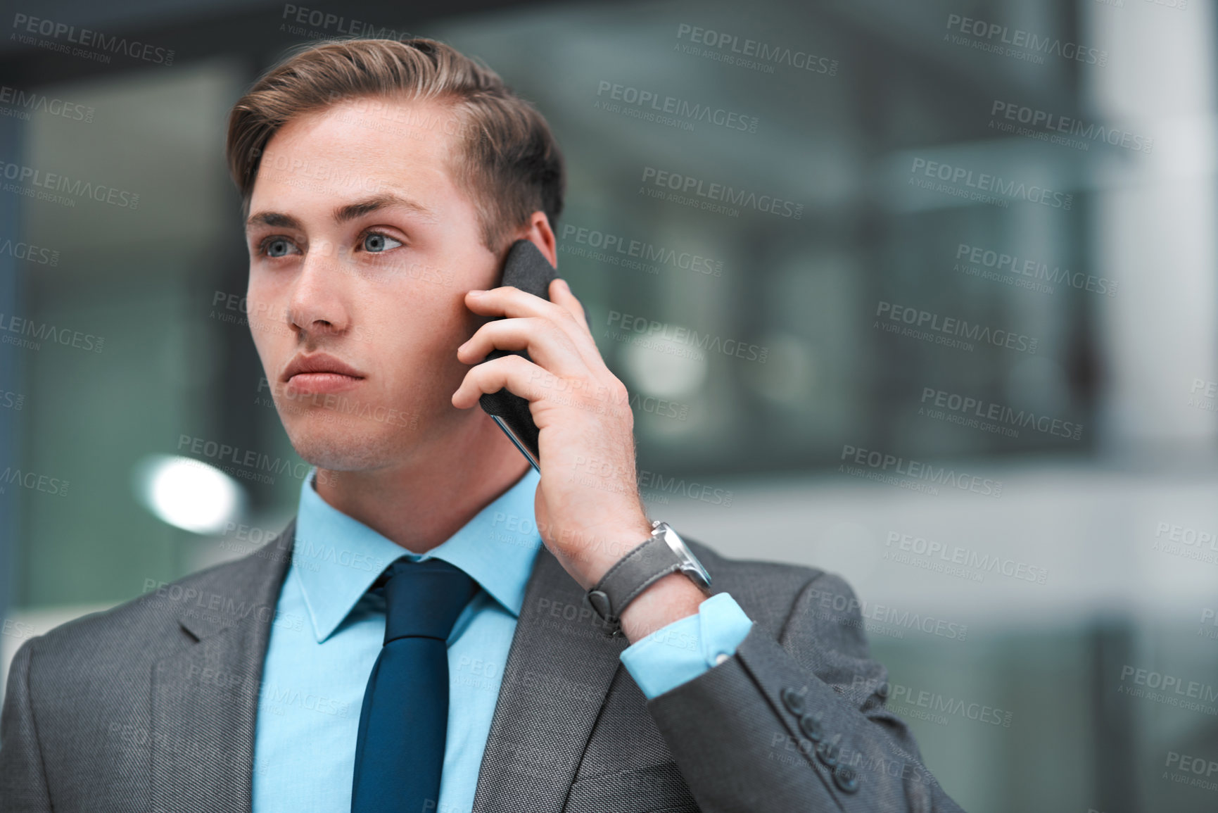 Buy stock photo Business man, phone call and thinking in office for corporate deal, consulting or communication for company. Face, employee and feedback with smartphone, conversation and thoughtful for negotiation
