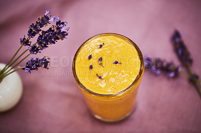 Buy stock photo Shot of a freshly made healthy smoothie on a table