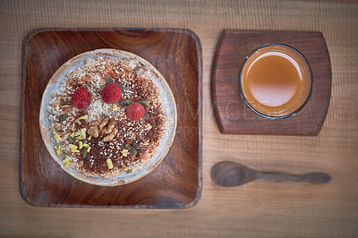 Buy stock photo Shot of a delicious breakfast meal served with fruit, nuts and seeds