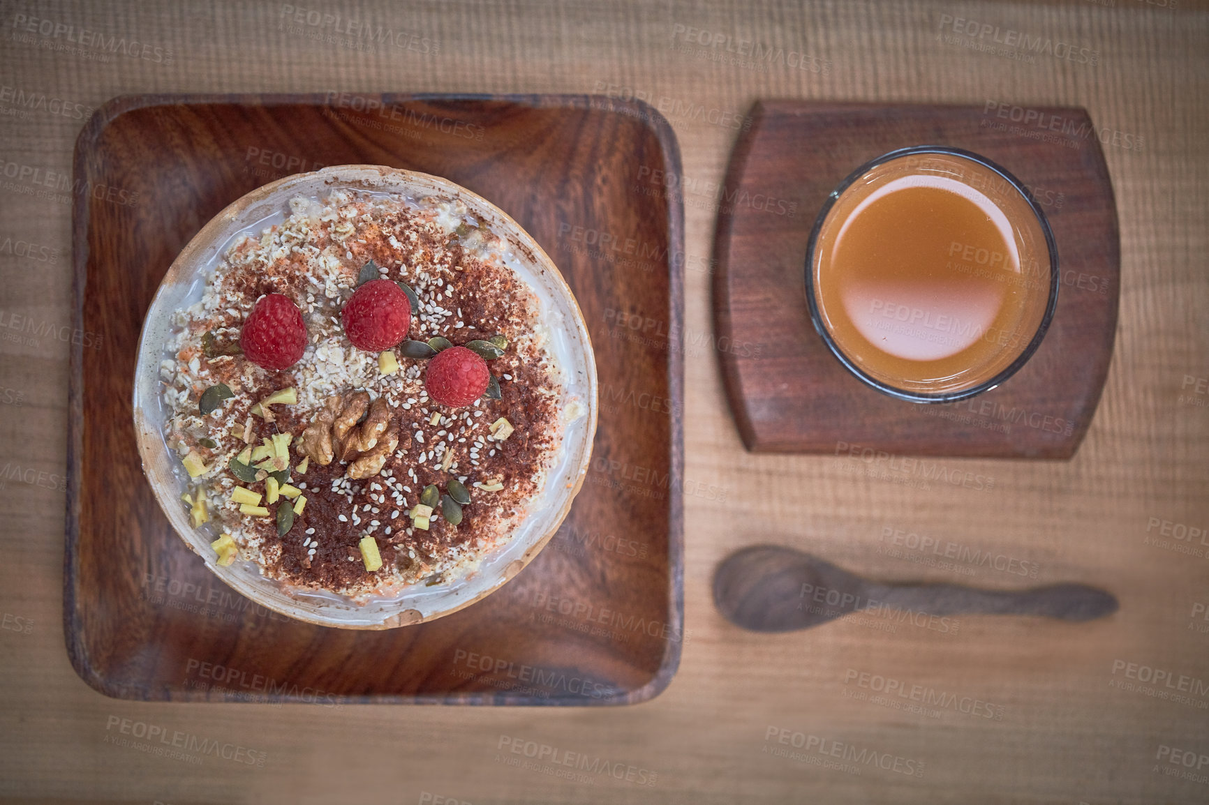 Buy stock photo Shot of a delicious breakfast meal served with fruit, nuts and seeds