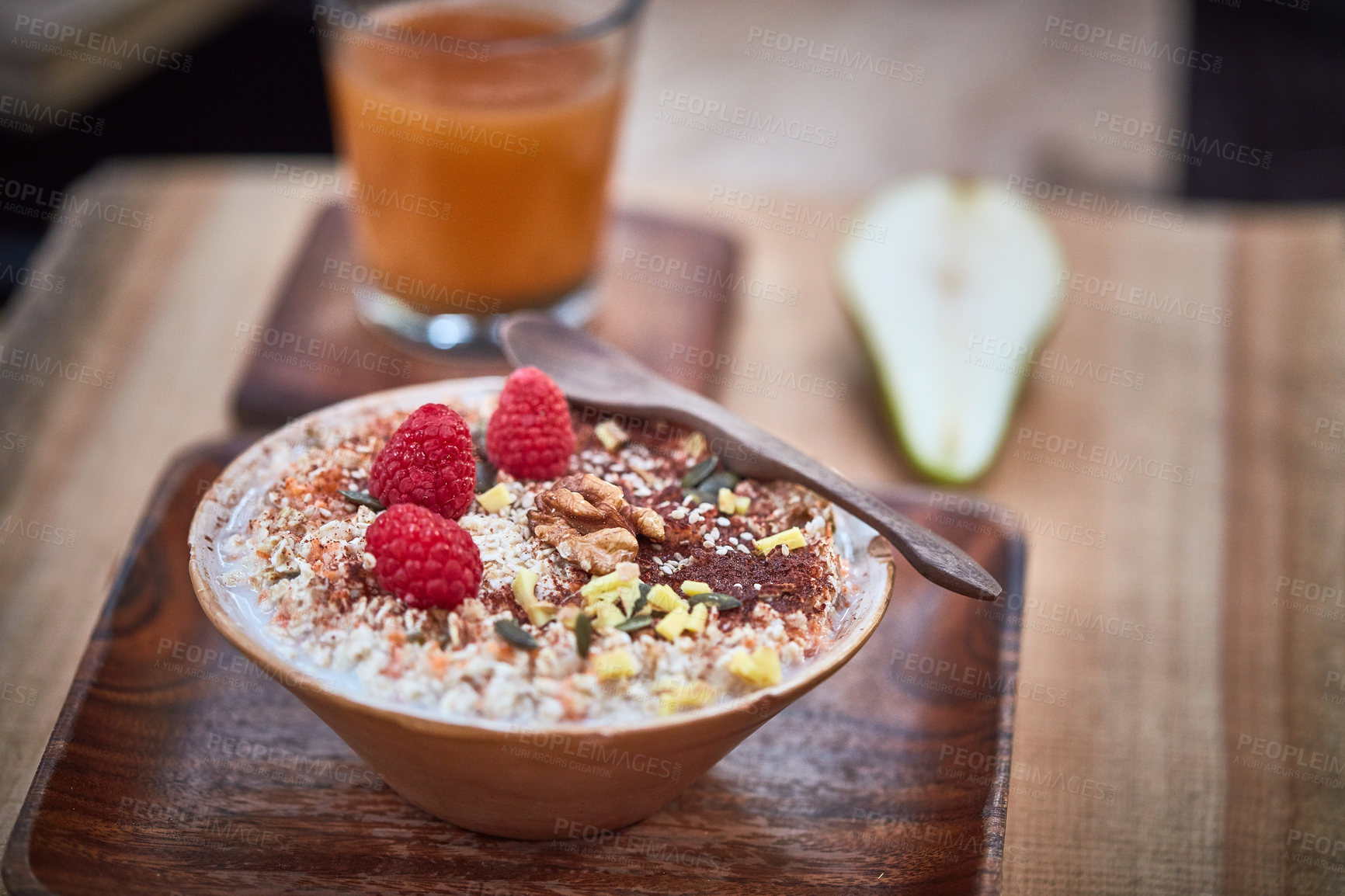 Buy stock photo Shot of a delicious breakfast meal served with fruit, nuts and seeds