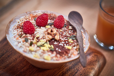 Buy stock photo Shot of a delicious breakfast meal served with fruit, nuts and seeds