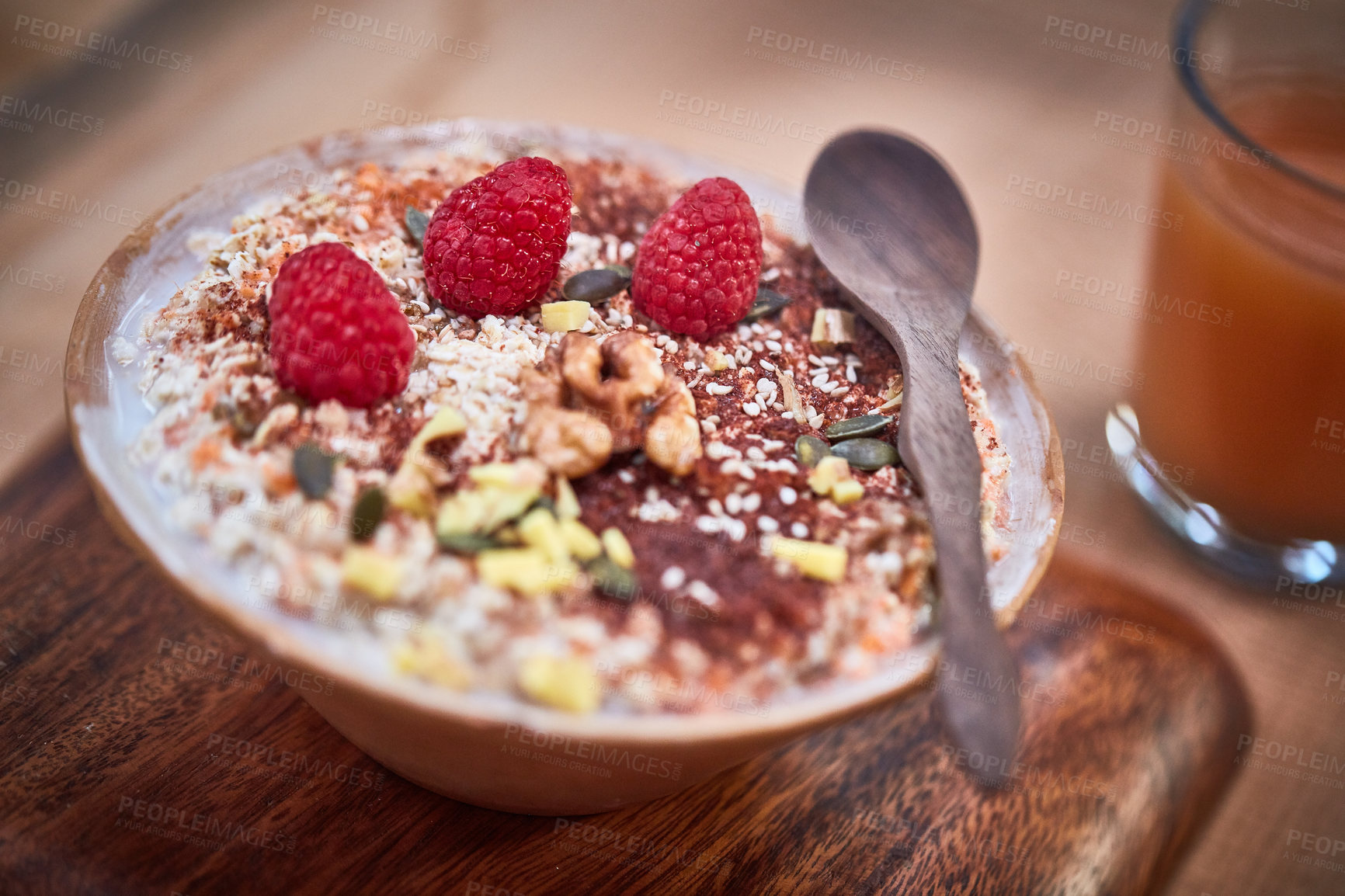 Buy stock photo Shot of a delicious breakfast meal served with fruit, nuts and seeds