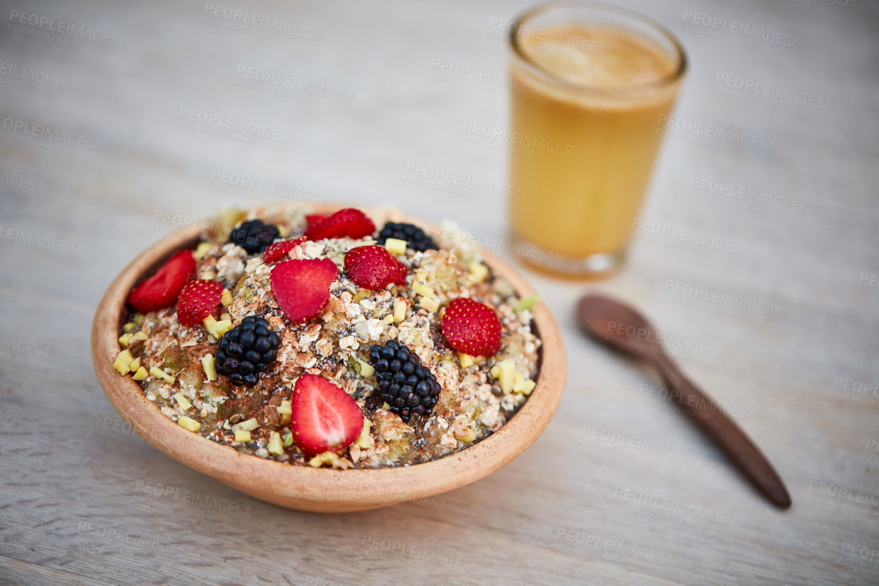 Buy stock photo Shot of a delicious breakfast meal served with fruit, nuts and seeds