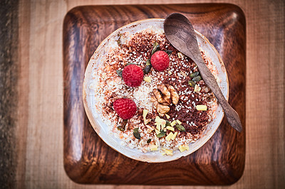 Buy stock photo Shot of a delicious breakfast meal served with fruit, nuts and seeds