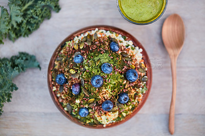 Buy stock photo Shot of a delicious breakfast meal served with fruit, nuts and seeds