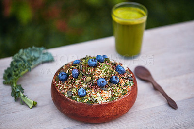 Buy stock photo Shot of a delicious breakfast meal served with fruit, nuts and seeds