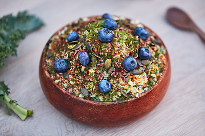 Buy stock photo Shot of a delicious breakfast meal served with fruit, nuts and seeds