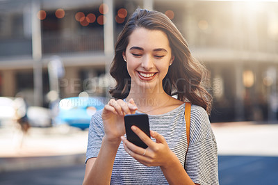 Buy stock photo City, portrait and woman with smartphone for social media, scroll and networking with online contact. Outdoor flare, female person and happy traveler with mobile app for chat, communication and text