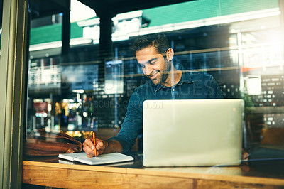 Buy stock photo Laptop, window and business man in coffee shop for writing notes, online research and planning project. Professional, remote work and person on computer for internet, website and proposal in cafe 