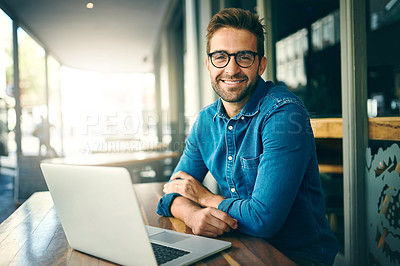 Buy stock photo Business man, laptop and portrait at coffee shop with confidence, happy and remote work in morning. Person, writer or editor with computer, pride and smile with freelance job at cafeteria in Italy