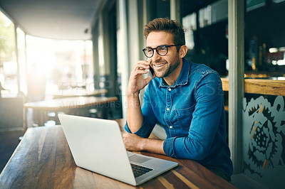 Buy stock photo Business man, laptop and phone call at coffee shop with talking, happy and remote work in morning. Person, writer or contact with networking, smartphone and smile with feedback for story at cafeteria