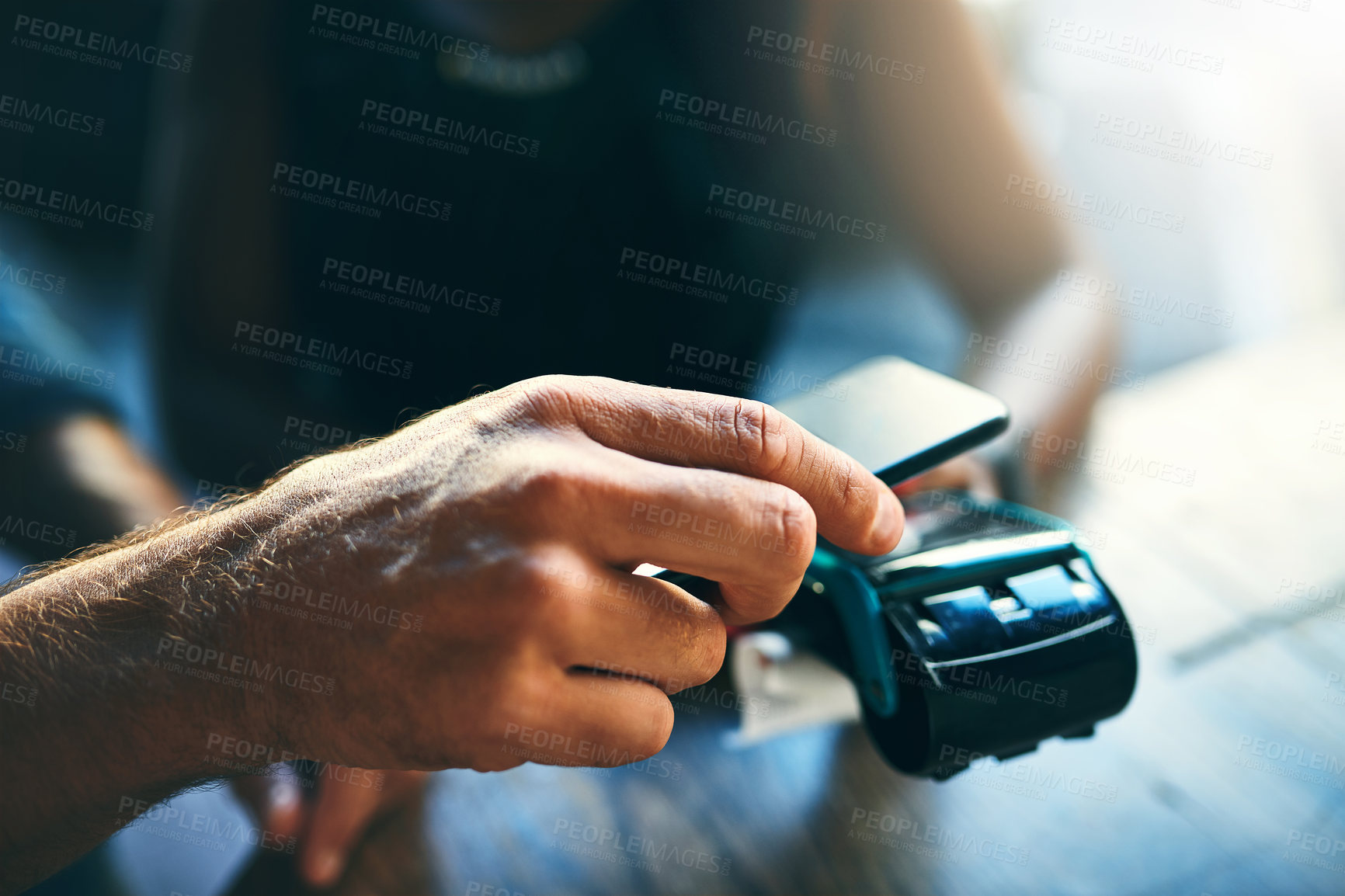 Buy stock photo Hands, people and smartphone on machine for payment with contactless transaction and checkout at POS. Fintech, cashier and customer with app for easy scan closeup, internet banking or shop purchase