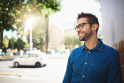 Buy stock photo Ideas, smile and man with glasses, outdoor and happy with decision of studying in California and college. Street, thinking and person with vision for education, casual and writer with wonder in USA