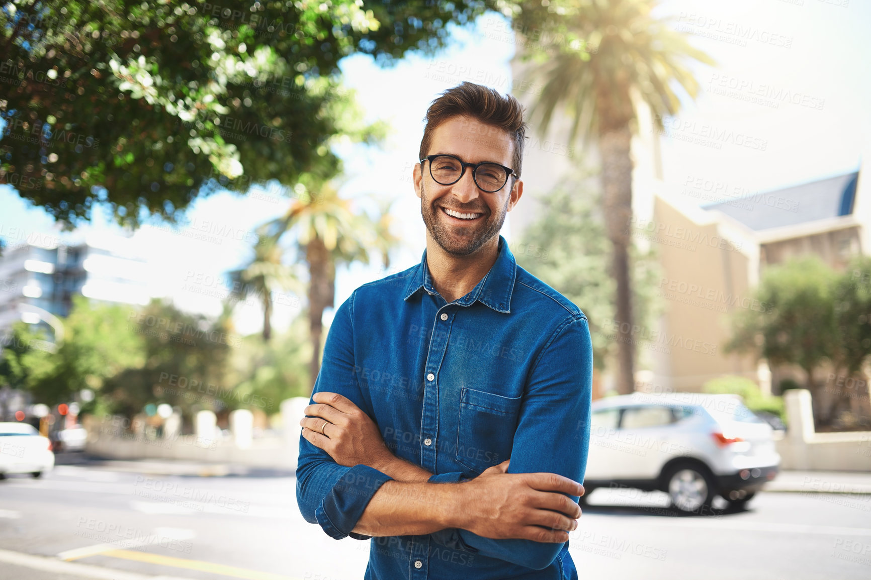 Buy stock photo City, arms crossed and man in portrait for travel, vacation holiday and adventure with smile in summer. Happy, male person and traveler with joy for weekend journey, glasses and pride in California