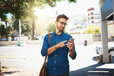 Buy stock photo City, businessman and scroll with smartphone for connection, networking and chat with online contact. Outdoor, male person or mobile app with glasses for reading text message, communication or travel