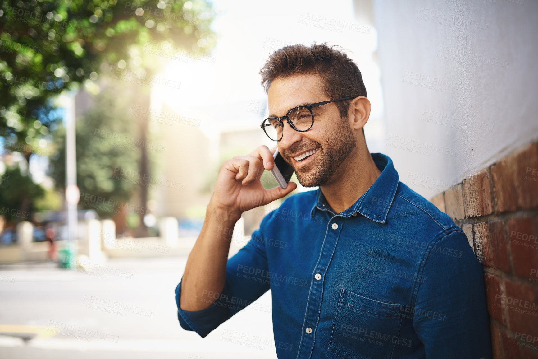 Buy stock photo Travel, man and glasses in city for phone call, good news and weekend planning in town. Person, happy and conversation on mobile for connectivity, communication and networking on Italy vacation