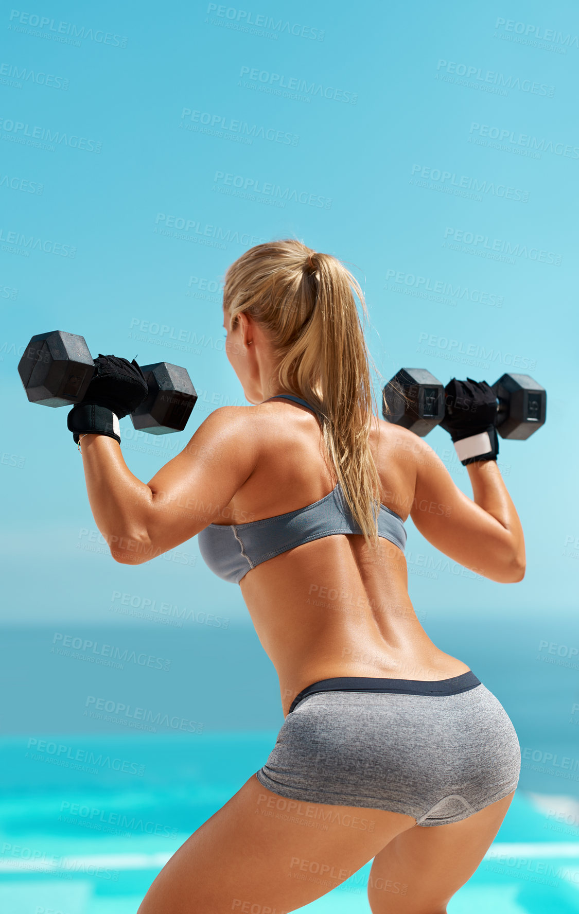 Buy stock photo Fitness, back and person with dumbbells, active and squats for muscle strength or coordination. Blue sky, training and versatility of free weights for shoulder presses, health and outdoor for workout