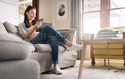 Buy stock photo Happy, woman and tablet with credit card for online shopping, financial payment and e commerce website. Smile, person and relax with digital for bank information, fintech service and savings at house