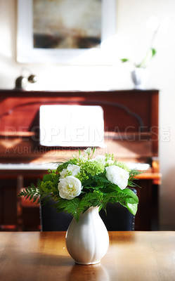 Buy stock photo A warm photo of flower and dinning room (Danish)