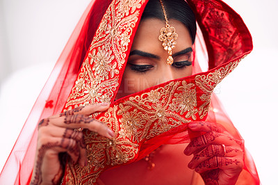 Buy stock photo Indian, bride and wedding veil for celebration and marriage event with Hindu fashion and style. Jewelry, makeup and woman with traditional culture and marriage with dress and henna with religion