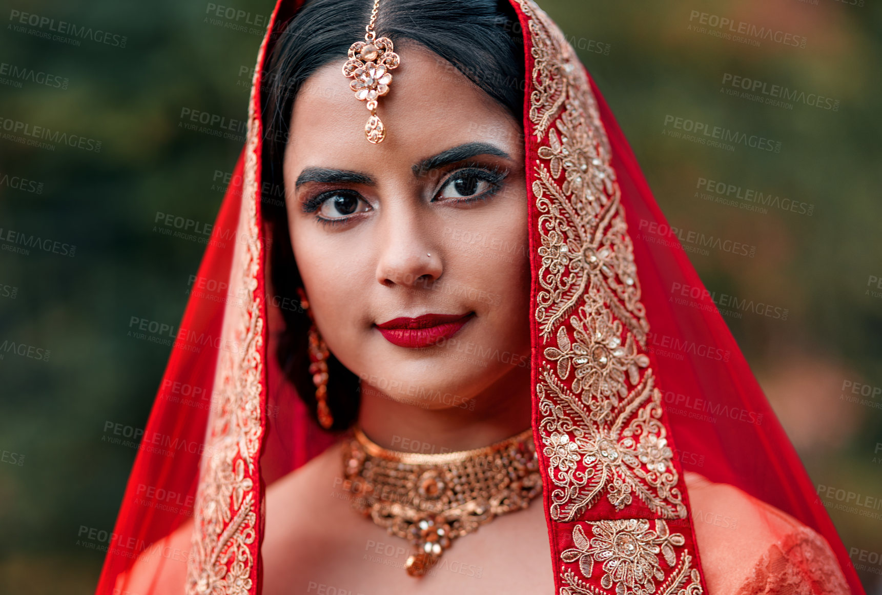 Buy stock photo Indian, bride and wedding portrait for celebration and marriage with Hindu fashion and style. Jewelry, makeup and woman with traditional culture and Bollywood with dress and cosmetics with religion