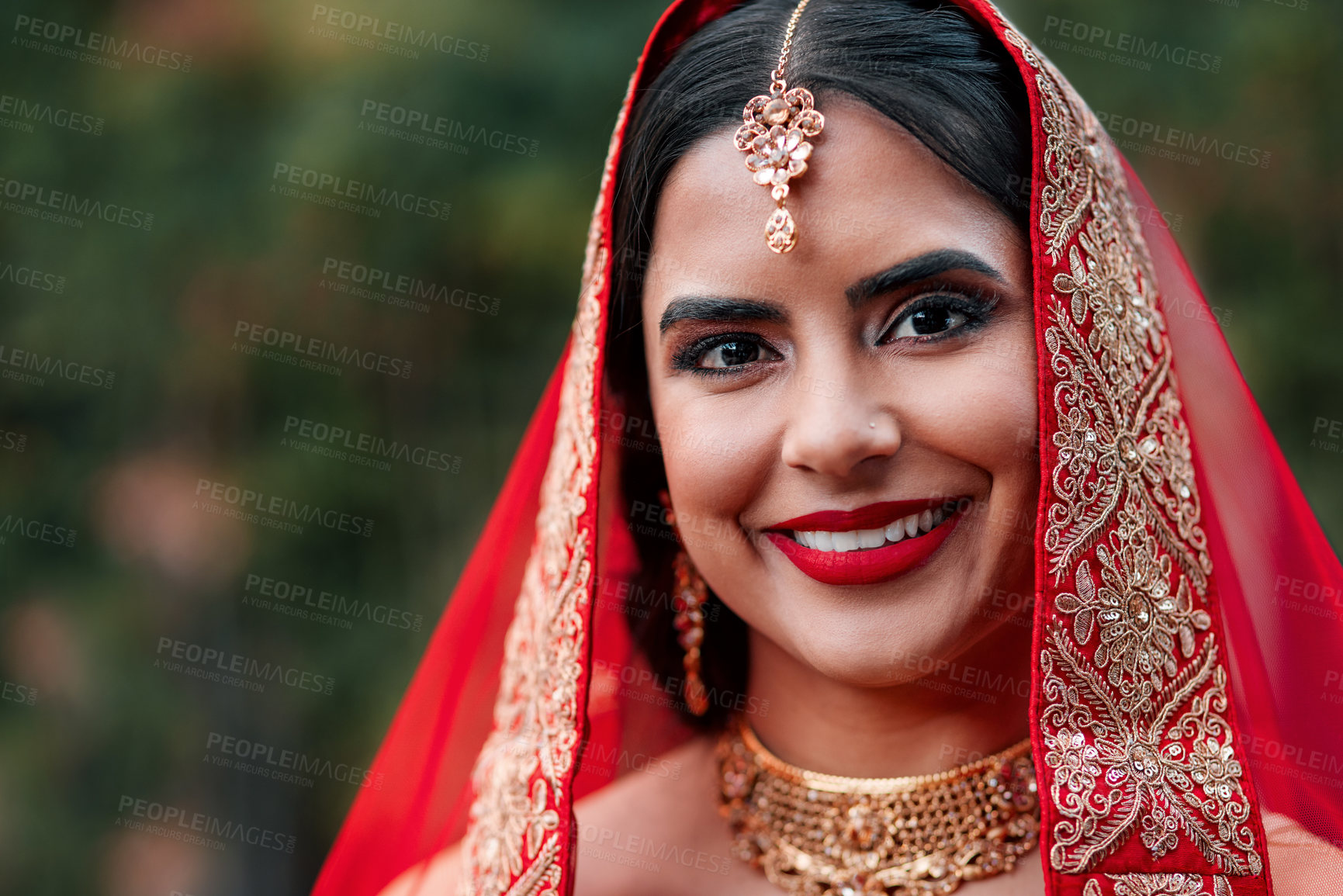 Buy stock photo Indian, bride and wedding portrait for celebration and marriage event with Hindu fashion and style. Jewelry, makeup and woman with traditional culture and cosmetics with dress and saree for religion