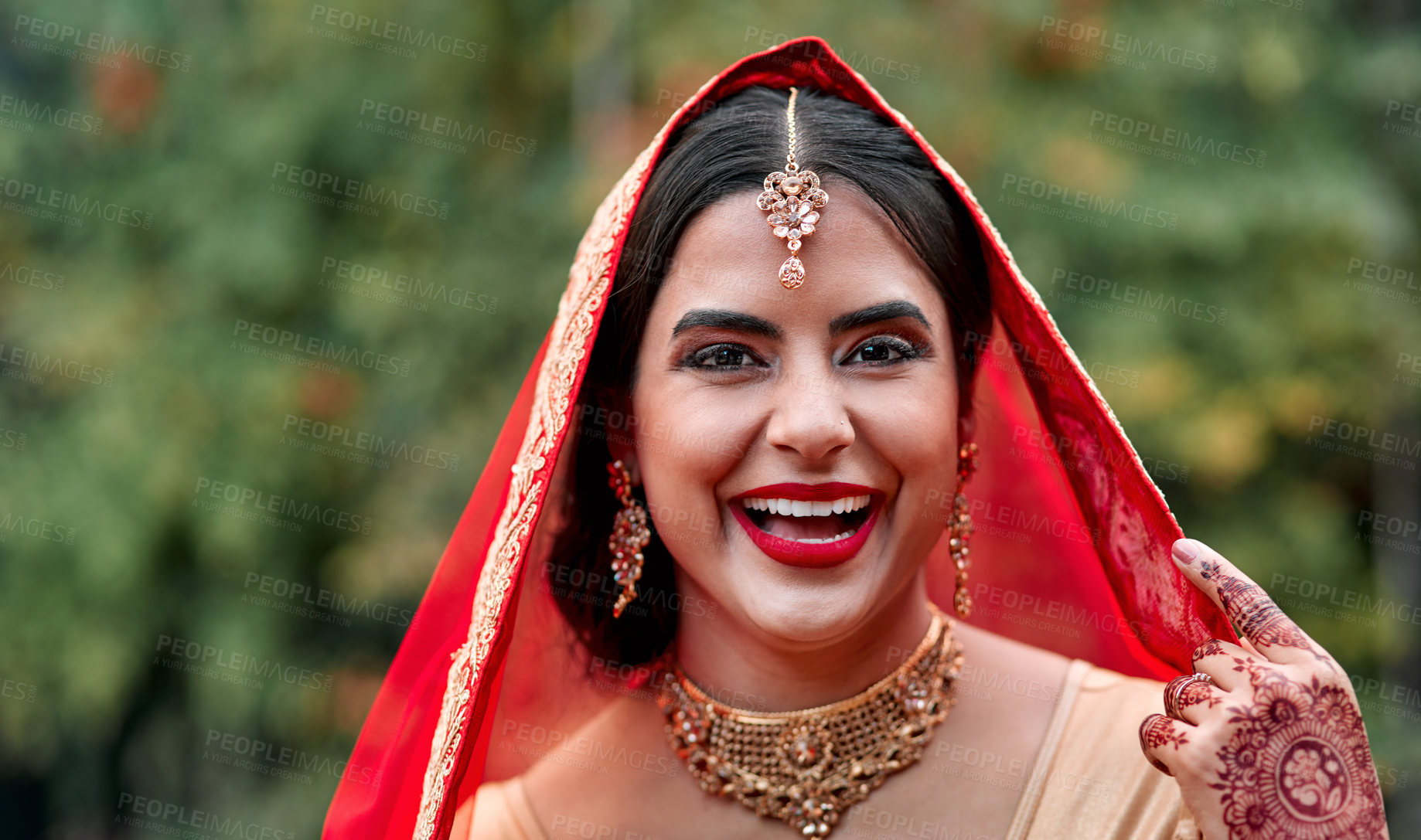 Buy stock photo Indian, bride and portrait with laugh and wedding veil for celebration and marriage event with Hindu fashion. Jewelry, makeup and woman with tradition and culture with dress and henna for religion