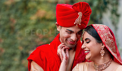 Buy stock photo Wedding, marriage and indian couple together in celebration of love or commitment at a ceremony. Happy, romantic or hindu with a bride and groom getting married outdoor in tradition of their culture