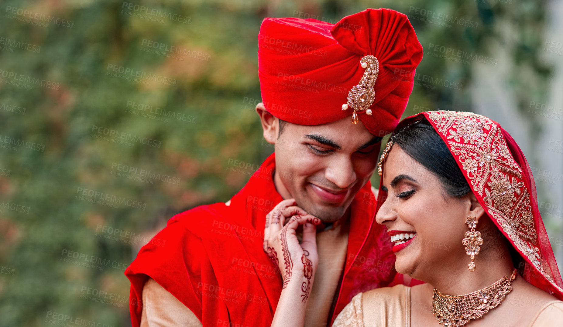 Buy stock photo Wedding, marriage and indian couple together in celebration of love or commitment at a ceremony. Happy, romantic or hindu with a bride and groom getting married outdoor in tradition of their culture
