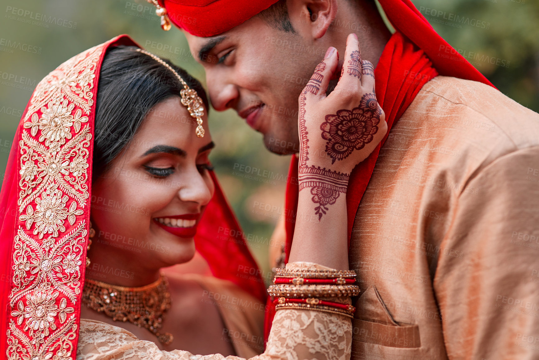 Buy stock photo Wedding, marriage and hand henna with couple together in celebration of love at a ceremony. Happy, romance or islamic with a husband and wife getting married outdoor in tradition of their culture