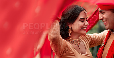 Buy stock photo Happy Indian couple, wedding and smile for love, compassion or romance together with care and joy. Hindu man and woman smiling in joyful happiness for marriage, tradition or red culture celebration