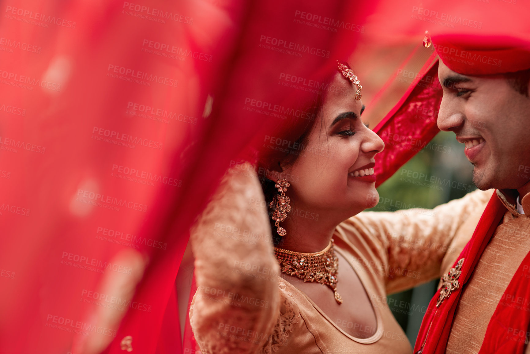 Buy stock photo Celebration, young Indian married couple and dancing happy together. Happiness or commitment, love with relationship or marriage and smiling people dance at ceremony or special event with sari