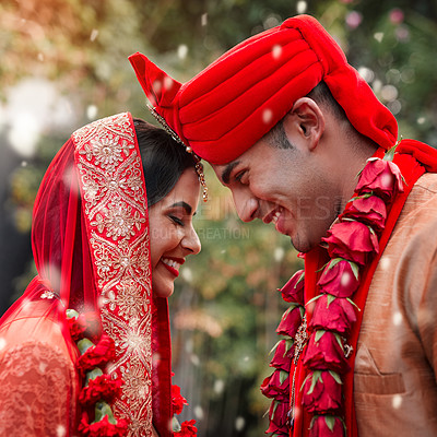 Buy stock photo Wedding, marriage and hindu couple together in celebration of love or commitment at a ceremony. Happy, romance or islamic with a birde and groom getting married outdoor in tradition of their culture