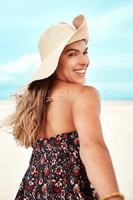 Buy stock photo Portrait, happy and woman on beach for holiday in summer to travel with freedom, relax and fun or peace trip. Smile, female person and tropical island, resort and vacation with ocean view from sun 