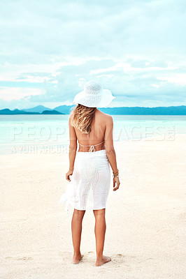 Buy stock photo Woman, back and beach with nature, travel and ocean for adventure and break. Lady, bikini and sea with blue sky, vacation and summer freedom with tropical Indonesia trip for outdoor relaxing