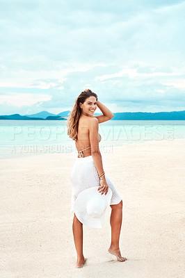 Buy stock photo Back, portrait and beach with woman, vacation and smile with getaway trip and adventure. Rear view, happy person and girl with ocean and Miami with nature and seaside with journey and summer holiday