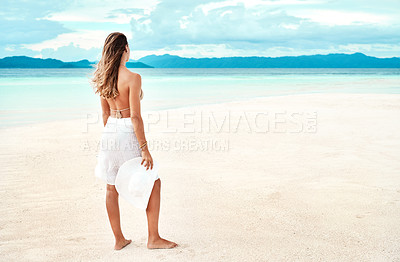 Buy stock photo Woman, back and ocean with nature, travel and beach for adventure and break. Lady, bikini and sea with blue sky, vacation and summer freedom with tropical Indonesia trip for outdoor relaxing