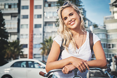 Buy stock photo Portrait, bicycle and woman in city, smile and happiness with summer holiday, break and travel. Face, person and cyclist with joy, vacation and eco friendly with transportation, bike and urban town