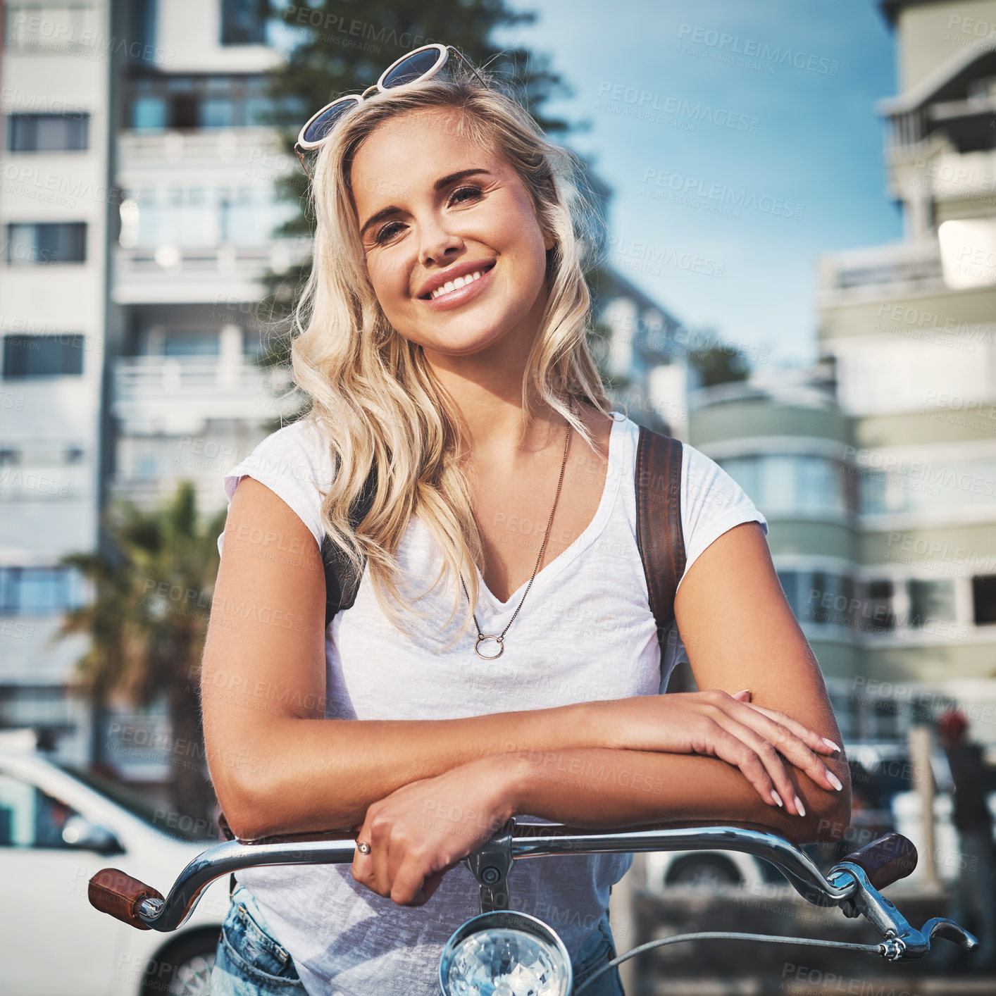 Buy stock photo Cropped shot of a beautiful young woman out with her bicycle