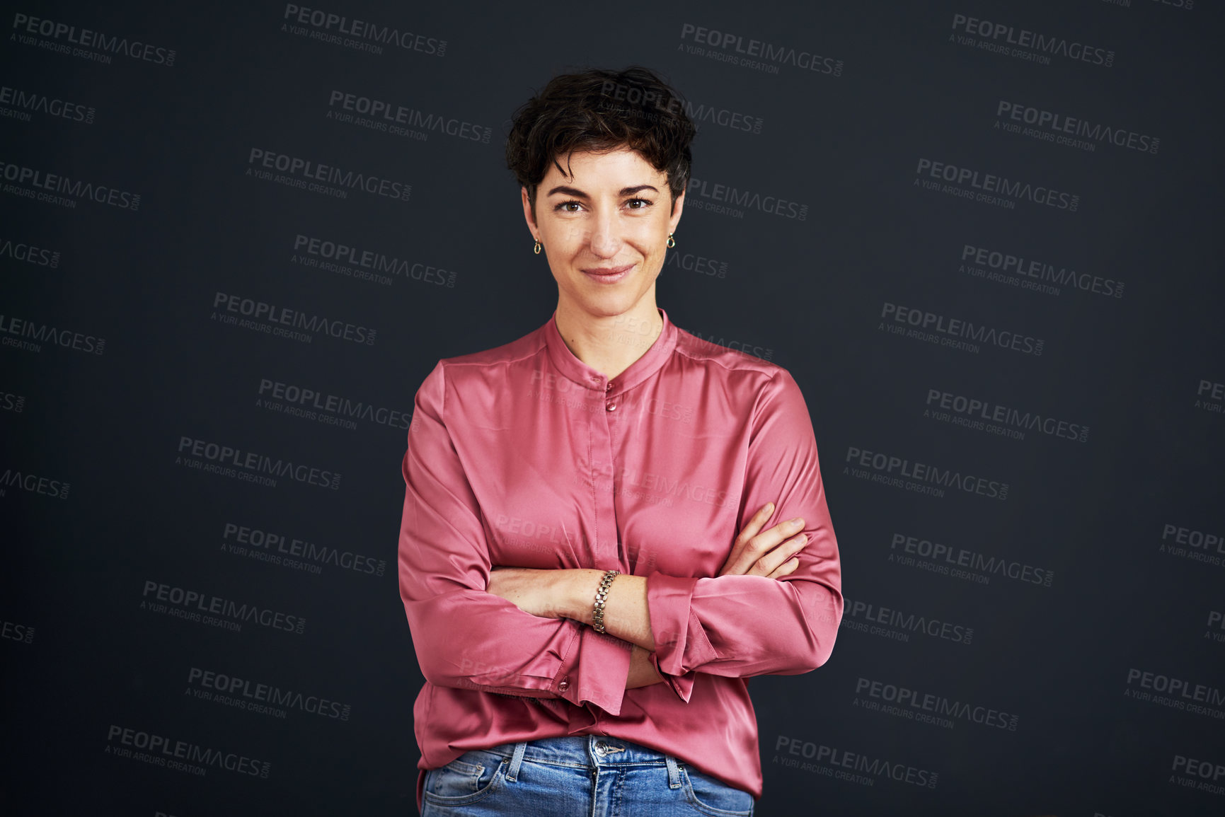 Buy stock photo Portrait, business and woman with arms crossed, smile and professional on dark studio background. Face, happy person or entrepreneur with creative agency, designer and confidence with career ambition