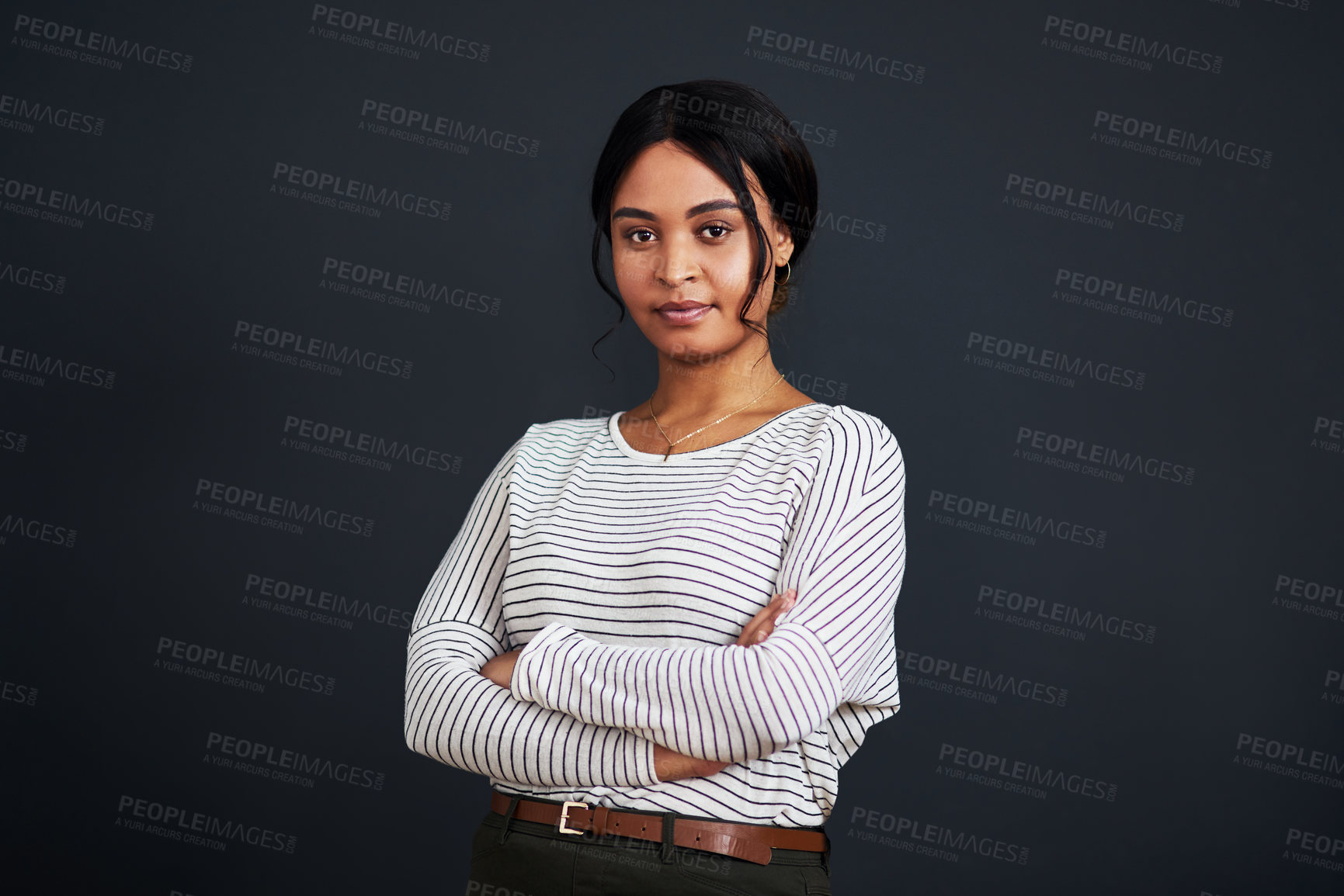 Buy stock photo Serious, mockup and portrait of a black woman arms crossed isolated in a gray background studio ready for work. Proud, dark and African female person or professional confident and focus on job