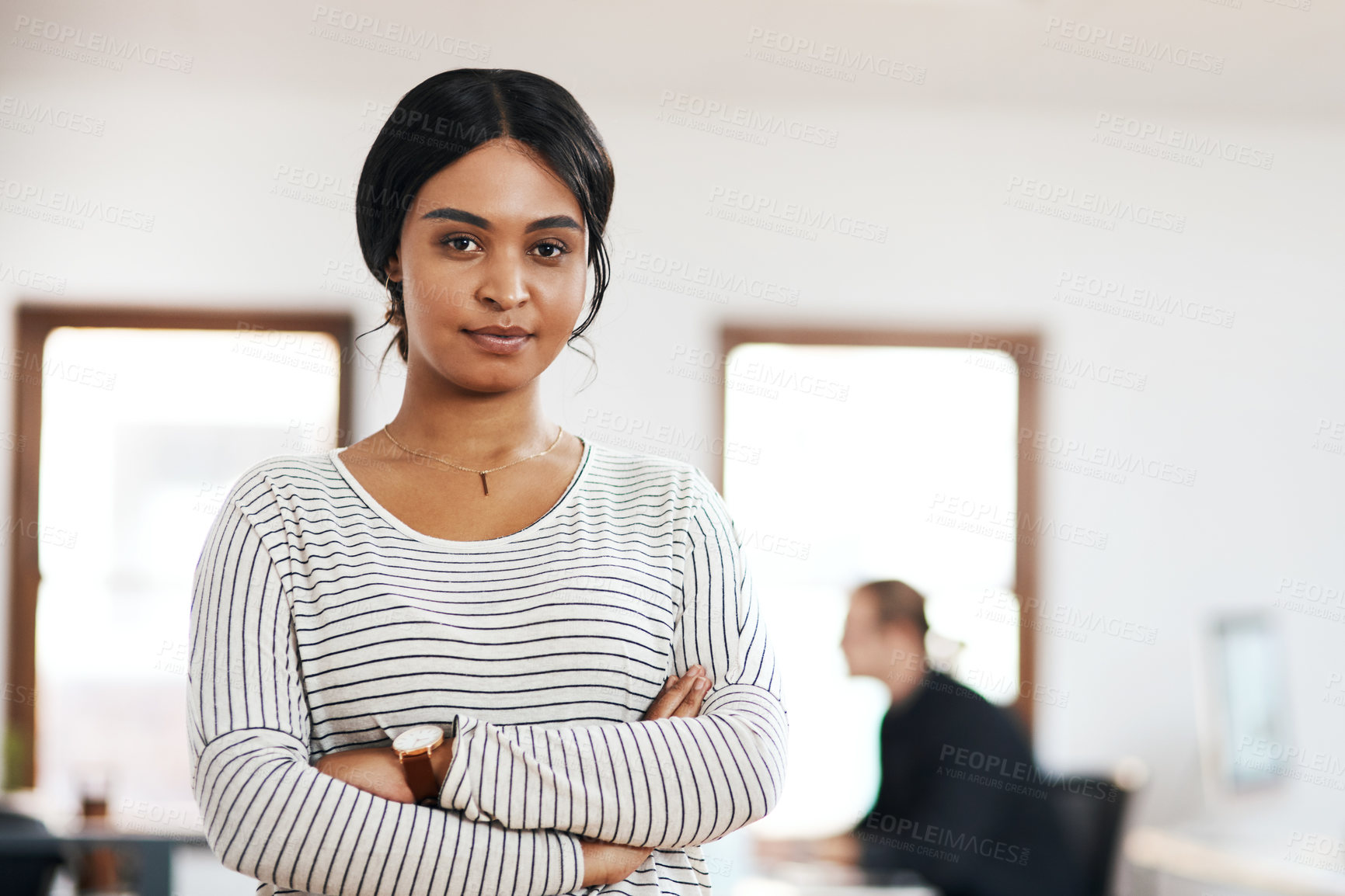 Buy stock photo Portrait, arms crossed and business woman in creative startup for career growth job and internship opportunity. Face, pride and confident employee, professional and ghostwriter coworking in company