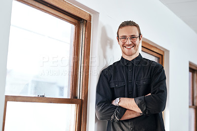 Buy stock photo Portrait, arms folded and happy business man in creative startup for pride, career growth or opportunity. Face, glasses or smile of confident event planner, coordinator or entrepreneur in Switzerland