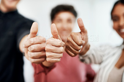 Buy stock photo Business people, hands and teamwork with thumbs up for thank you, winning or success at office. Closeup, group or employees with like emoji, yes sign or OK for good job, well done or gesture at work