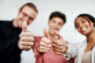 Buy stock photo Business people, hands and teamwork with thumbs up for winning, thank you or success at office. Closeup, group or employees with like emoji, yes sign or OK for good job, well done or gesture at work