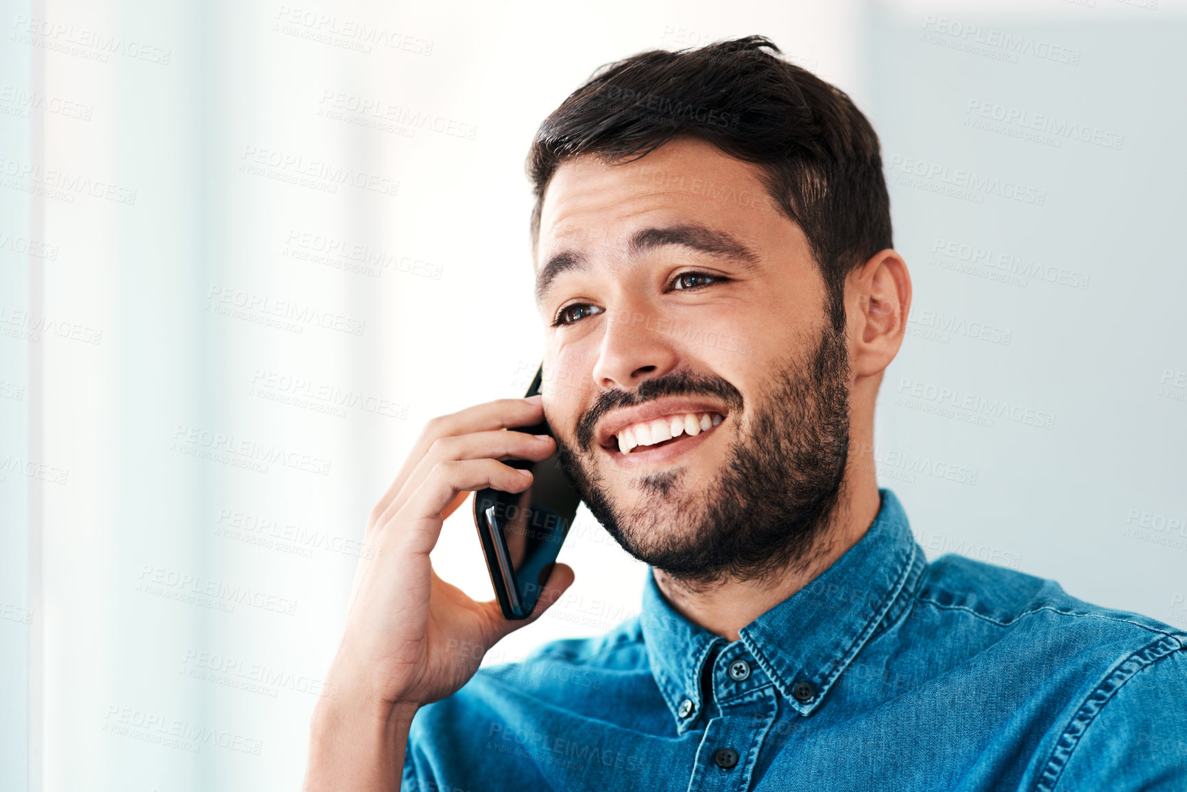 Buy stock photo Happy, businessman and phone call with result for communication, new job and career opportunity. Male person, smiling and confident talking on mobile technology for good news and conversation